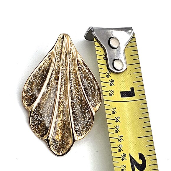 Vintage Gold Fan Earrings w/ Diamond Dust Inlay – Pierced – Made in USA - Picture 7 of 9